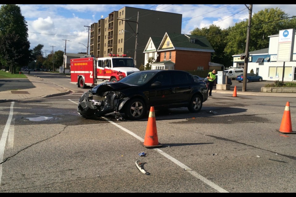 A car sustained heavy damage to its front end in a Saturday afternoon collision at the intersection of Bruce and Albert Streets. David Helwig for SooToday 