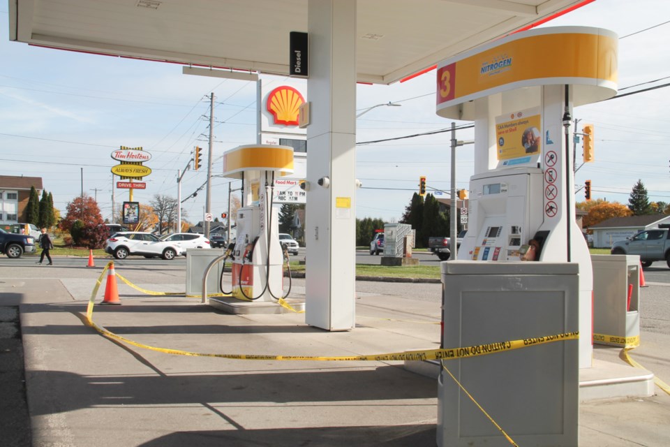 Gas pumps are closed to customers at the Shell gas station at the corner of Pine and McNabb Streets after a single vehicle collision took out the front window of the gas station's convenience store, Oct. 24, 2024. 