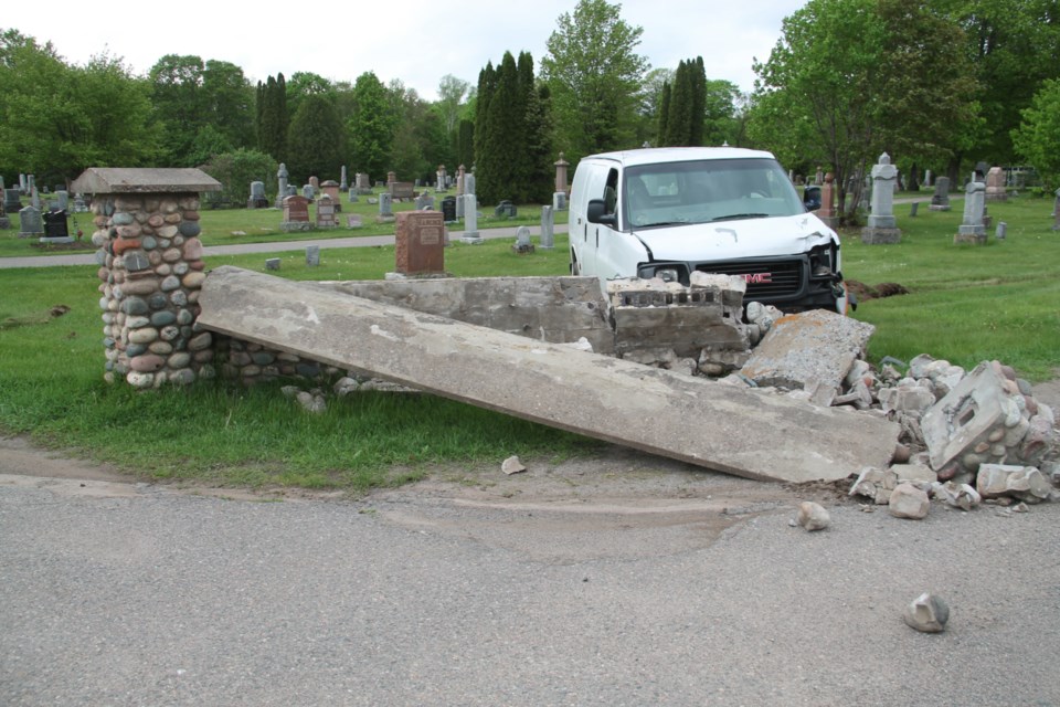 A white van crashed into a stone wall at Sault Ste. Marie's Greenwood Cemetery on May 22, 2024. Darren Taylor/SooToday