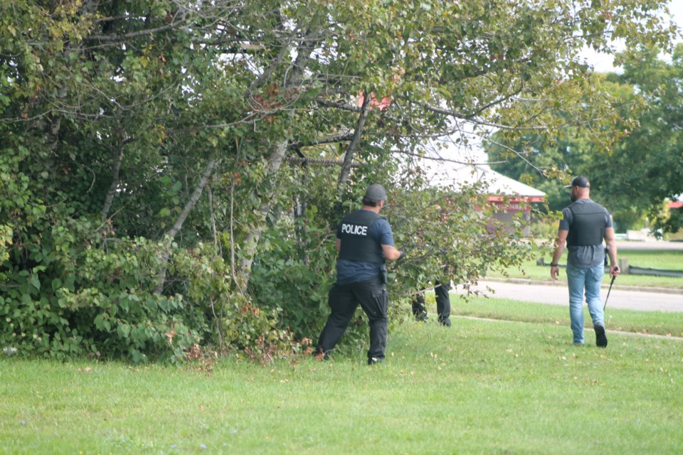 Sault Police conducted a grid search for evidence in an ongoing investigation across the street from the Gateway Casinos Sault Ste. Marie property on Bay Street, Sept. 13, 2023.  