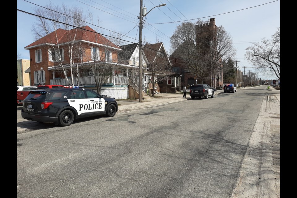 Several Sault Ste. Marie Police cruisers and officers closed Albert Street East between March and Spring Street on Tuesday afternoon. Darren Taylor/SooToday