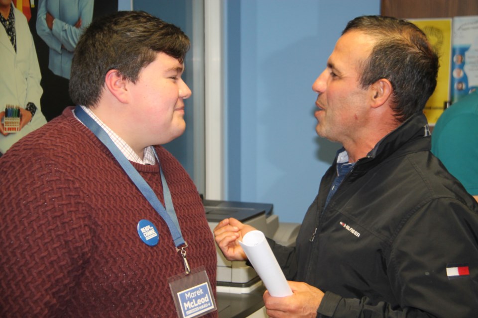 Mayoral candidate Ozzie Grandinetti (right) speaks with Ward 4 candidate Marek McLeod at a meet and greet session for Sault Ste. Marie mayoral and ward candidates held by the Sault Ste. Marie and District Labour Council at the Ontario Public Service Employees Union (OPSEU) regional office on Great Northern Road, September 27, 2022.


