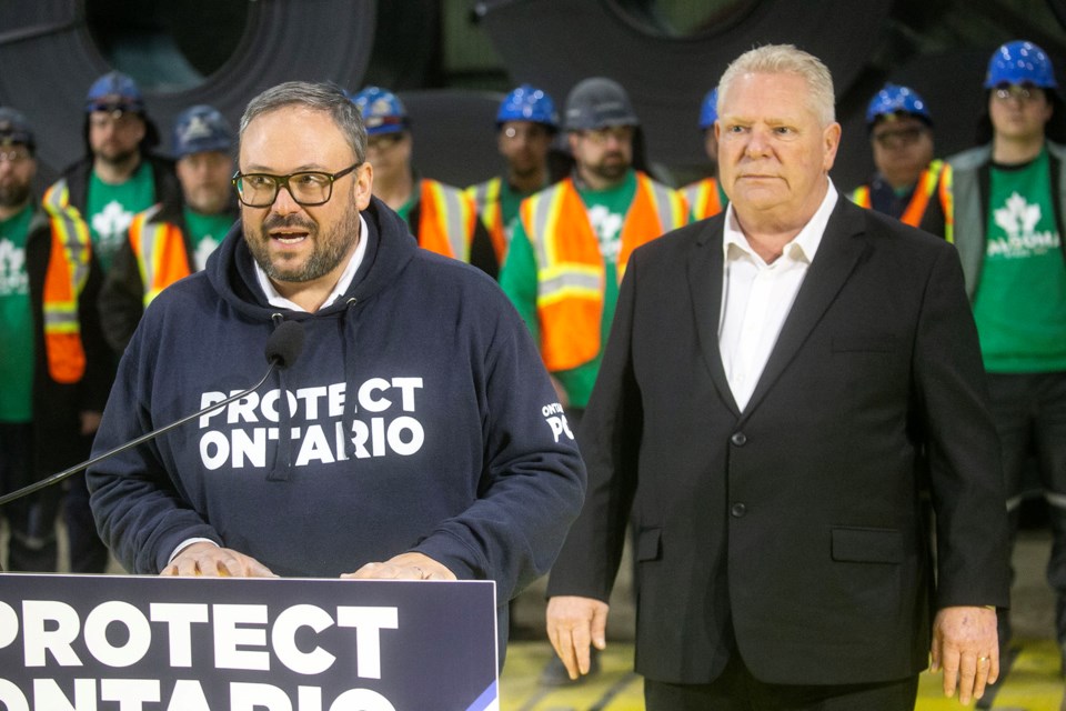 Local Ontario PC candidate Chris Scott speaks during an event at Algoma Steel on Feb. 23, 2025, alongside party leader Doug Ford.