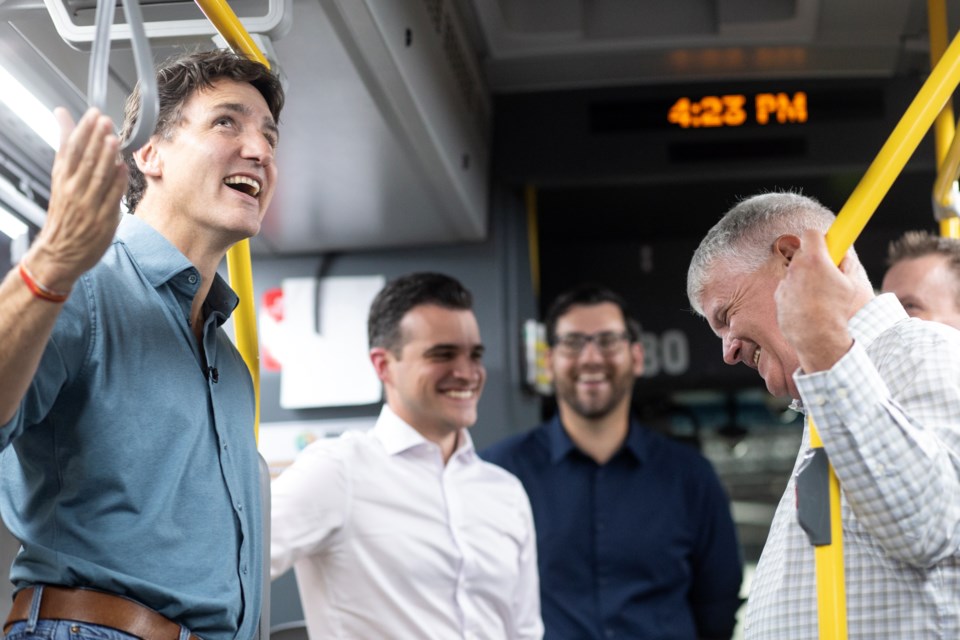 Prime Minister Justin Trudeau meets with MP Terry Sheehan and Mayor Matthew Shoemaker during a scheduled event at the City of Sault Ste Marie Transit Facility on Thursday, August, 29, 2024. THE CANADIAN PRESS/Kenneth Armstrong