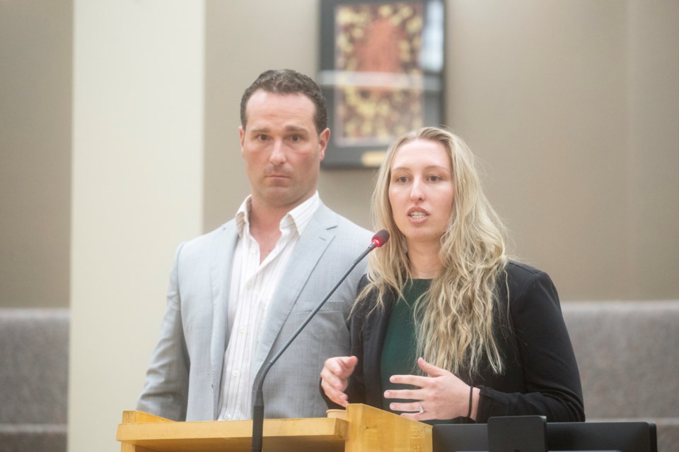 Sault Y board spokesperson Jake D'Agostini and board chair Elise Schofield answer questions during a meeting of Sault Ste. Marie City Council on Monday.