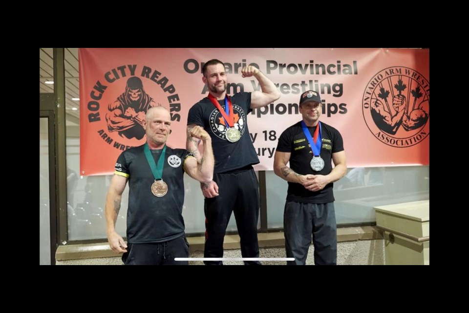 Alan Ross (far right) of the Sault's Steel City Slammers arm wrestling team won the silver medal in the men's under 154 lbs. at the Ontario Provincial Arm Wrestling Championships held in Sudbury over the Victoria Day Weekend in May, 2024. 