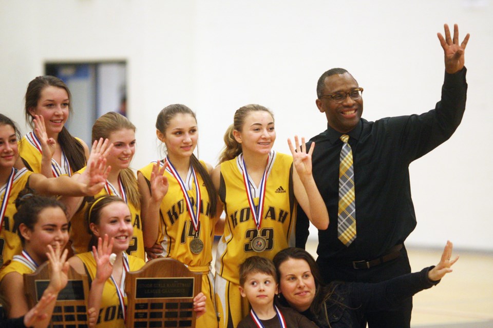 The Korah Colts junior girls basketball team celebrates four consecutive city championship wins immediately after their 49-19 win against Superior Heights on Nov. 12, 2016. Kenneth Armstrong/SooToday