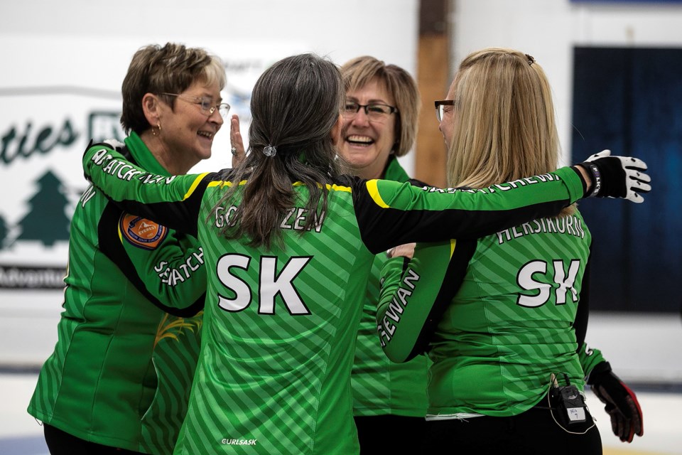 Team Saskatchewan celebrates winning the gold at the 2021 Everest Canadian Seniors Curling Championship, held this week at Community First Curling Centre in Sault Ste. Marie.