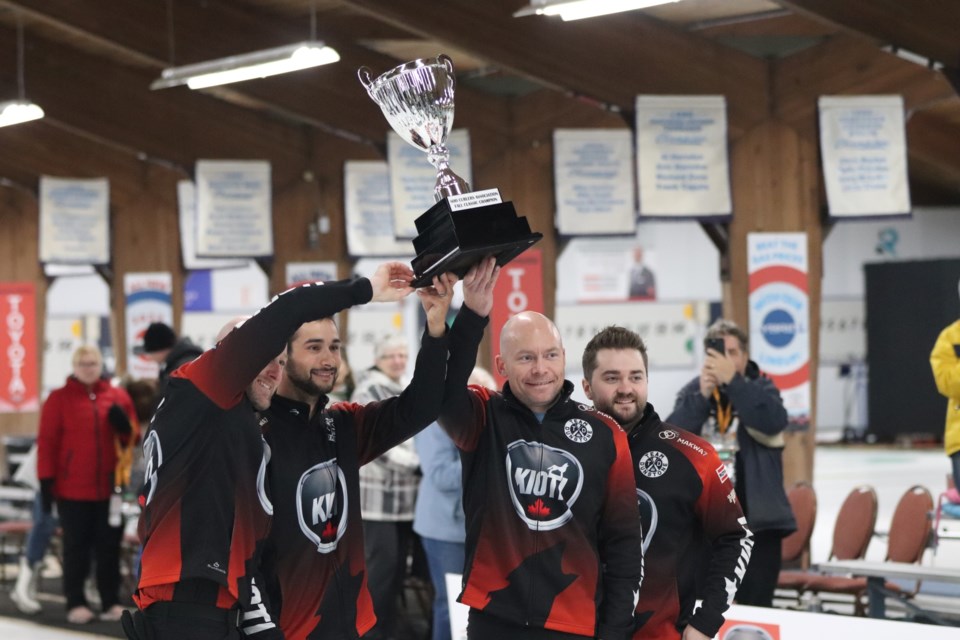 Team Dunstone celebrates winning the inaugural Soo Curlers Fall Classic on Oct. 29, 2023.