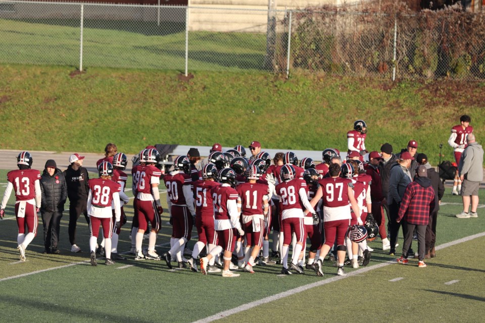 St. Mary's celebrates a NOSSA title win over Lo-Ellen Park of Sudbury on Nov. 11, 2023 at Superior Heights.