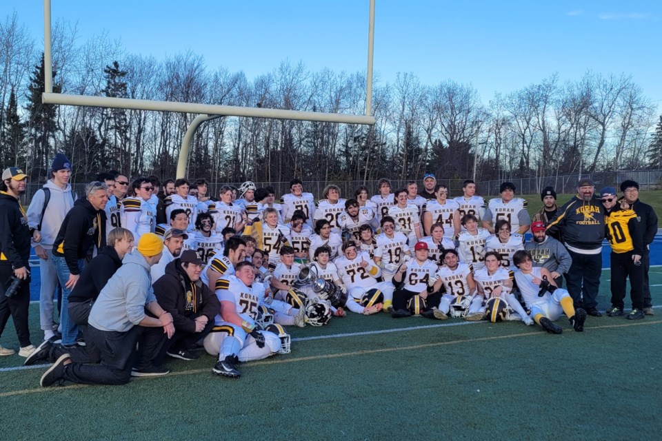 NOSSA senior football action between Sault Ste. Marie's Korah Colts and North Bay's Algonquin Barons at Sperior Heights in Sault Ste. Marie on Nov. 16, 2024.