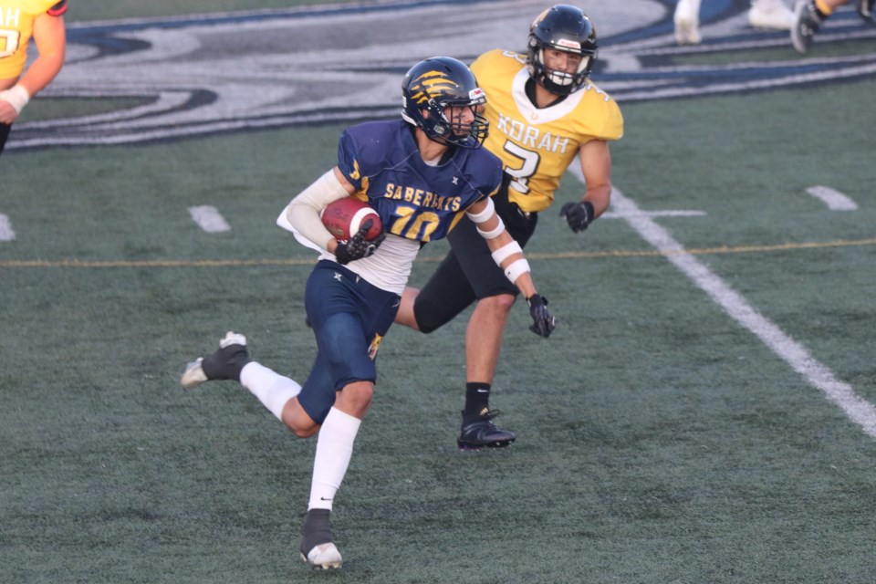 OSFL playoff action between the Sault Sabercats and Waterloo Warriors at Superior Heights on July 29, 2023.