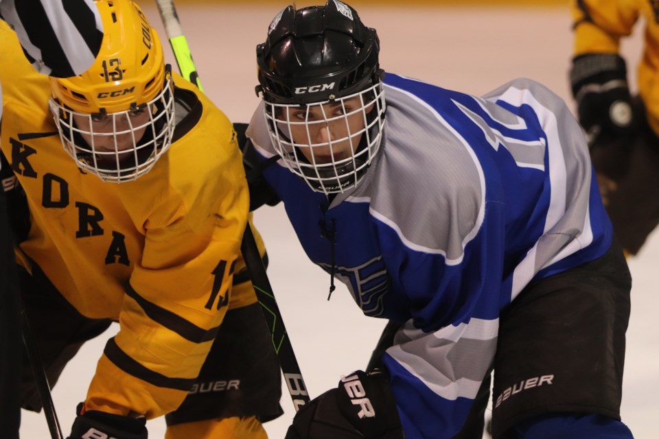 Action from Monday's high school hockey playoff game between the Korah Colts and Superior Heights Steelhawks. Brad Coccimiglio/SooToday