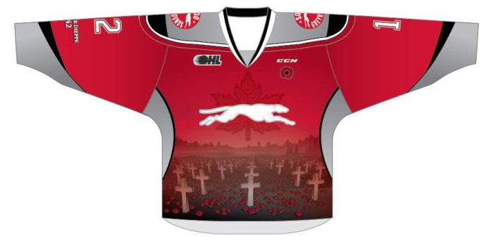 OHL] Soo Greyhounds 2018 Remembrance Day jersey being worn