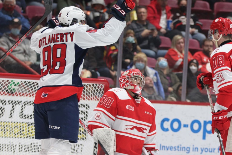 Windsor Spitfires forward Christopher O'Flaherty celebrates a goal against the Soo Greyhounds in a game at the GFL Memorial Gardens on March 27, 2022.