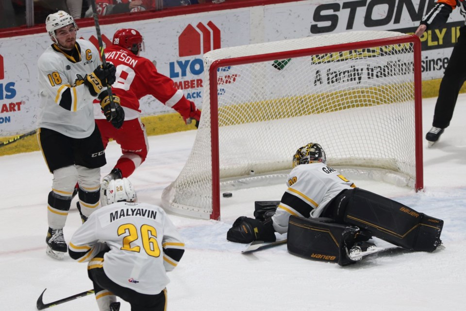 Soo Greyhounds forward Kalvyn Watson scores a goal against the Sarnia Sting in a game at the GFL Memorial Gardens on April 4, 2022.