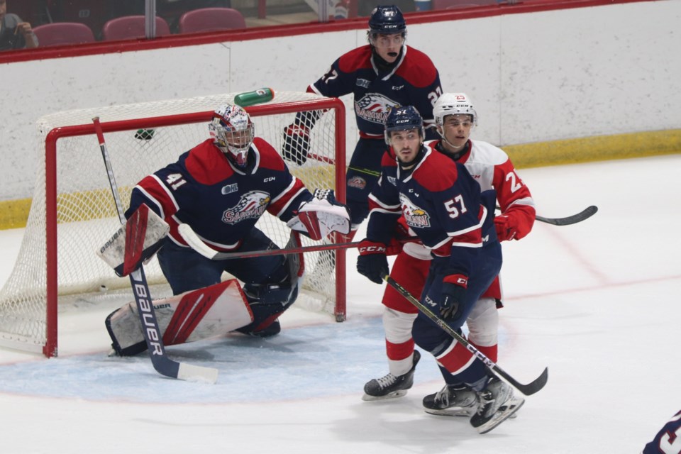 OHL exhibition action between the Soo Greyhounds and Saginaw Spirit at the GFL Memorial Gardens on Sept. 10, 2022.