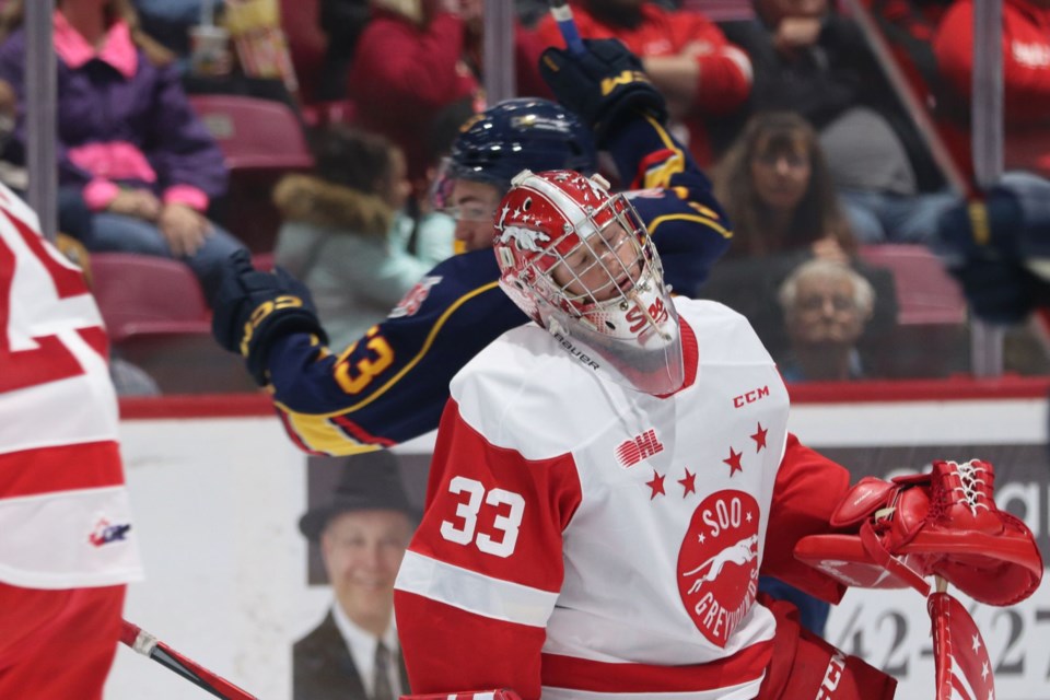 OHL action between the Soo Greyhounds and Barrie Colts at the GFL Memorial Gardens on Oct. 15, 2022.