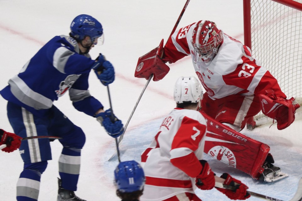 OHL action between the Soo Greyhounds and Sudbury Wolves at the GFL Memorial Gardens on Dec. 31, 2022.