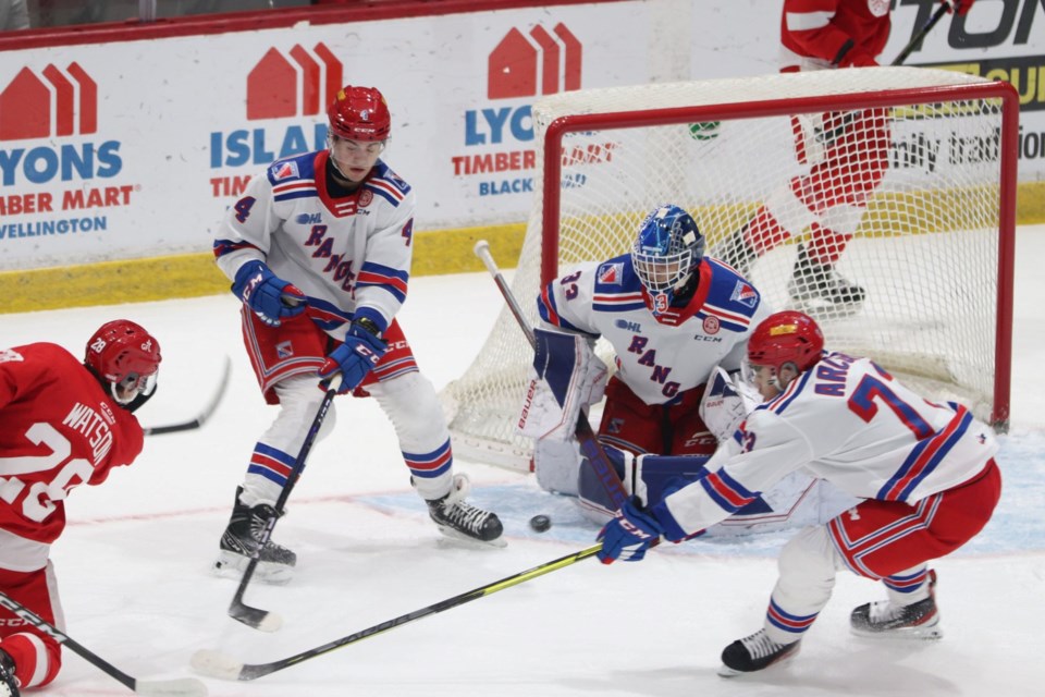 OHL action between the Soo Greyhounds and Kitchener Rangers at the GFL Memorial Gardens on Jan. 4, 2023.