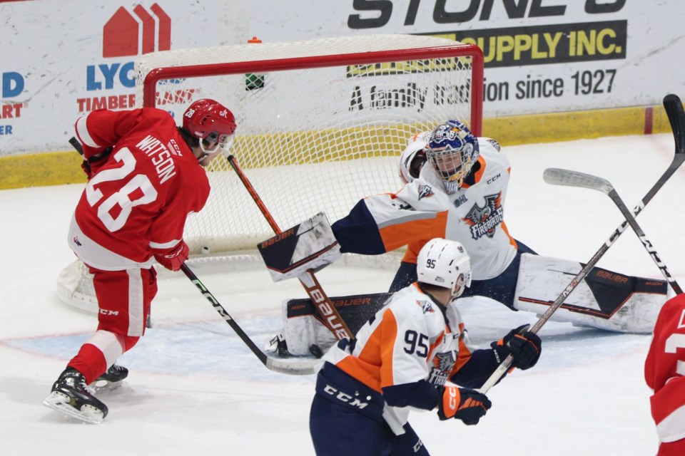 OHL action between the Soo Greyhounds and Flint Firebirds at the GFL Memorial Gardens on Jan. 20, 2023.