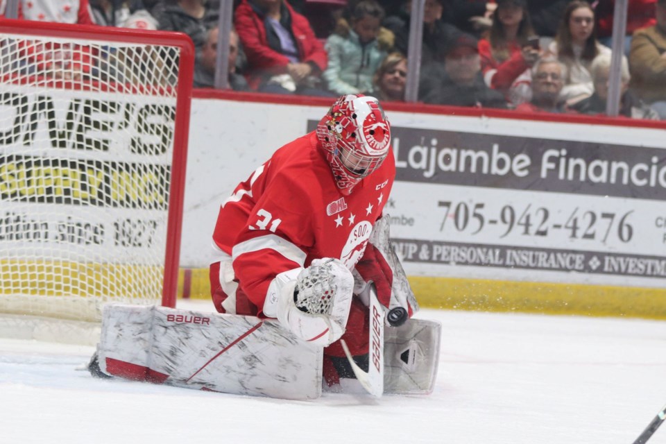 OHL action between the Soo Greyhounds and Sarnia Sting at the GFL Memorial Gardens on Feb. 12, 2023.