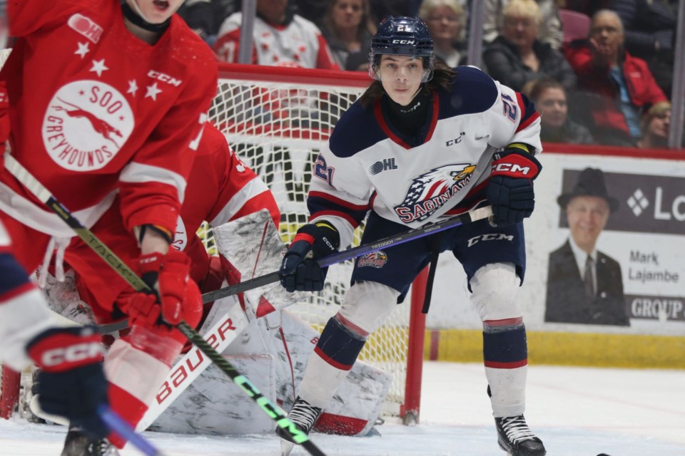 OHL action between the Soo Greyhounds and Saginaw Spirit at the GFL Memorial Gardens on Feb. 15, 2023.