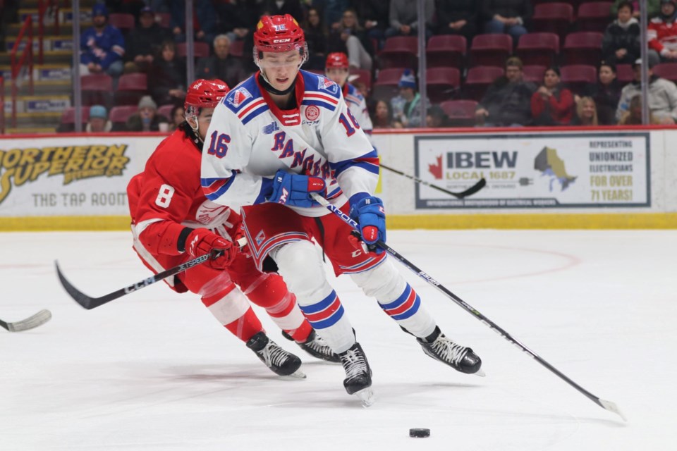 OHL action between the Soo Greyhounds and Kitchener Rangers at the GFL Memorial Gardens on Feb. 17, 2023.