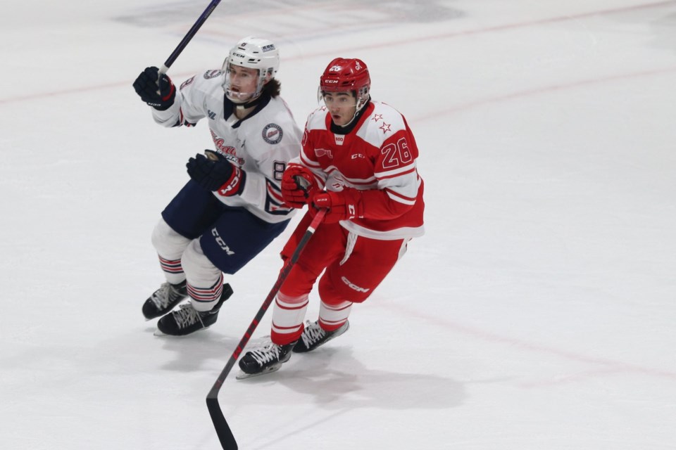 OHL action between the Soo Greyhounds and Oshawa Generals at the GFL Memorial Gardens on March 4, 2023.