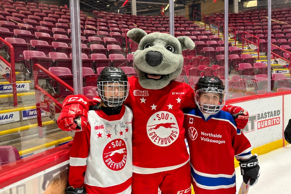 Young fans spend some ice time with the Soo Greyhounds at the annual Bell Celebrity Skate at the GFL Memorial Gardens on Nov. 7, 2023.