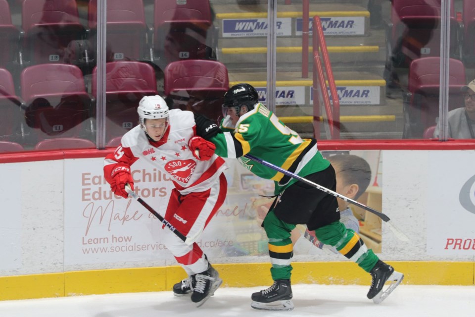 OHL action between the Soo Greyhounds and London Knights at the GFL Memorial Gardens on Oct. 4, 2023.