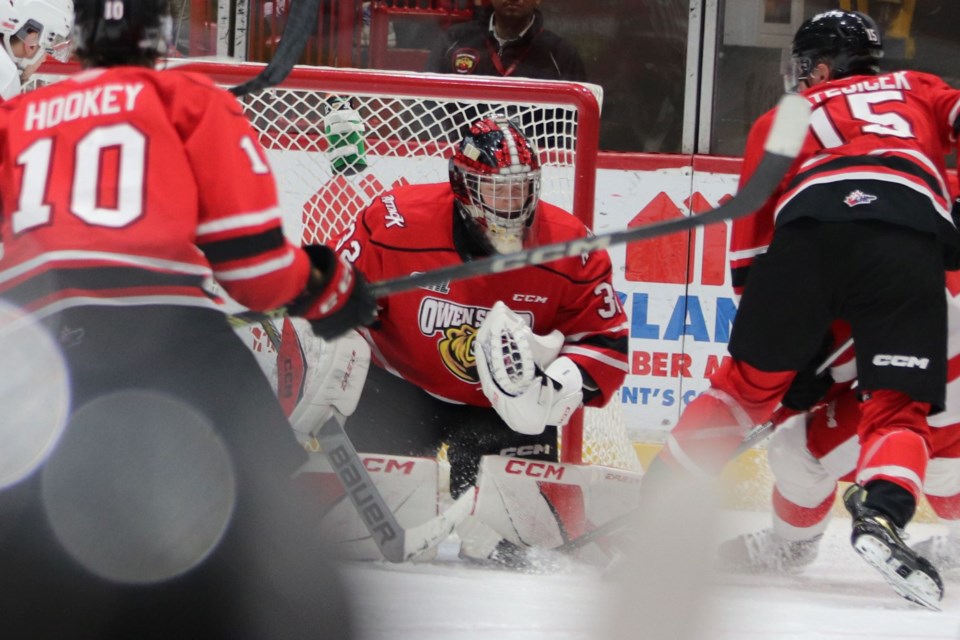 OHL action between the Soo Greyhounds and Owen Sound Attack at the GFL Memorial Gardens on Oct. 14, 2023.