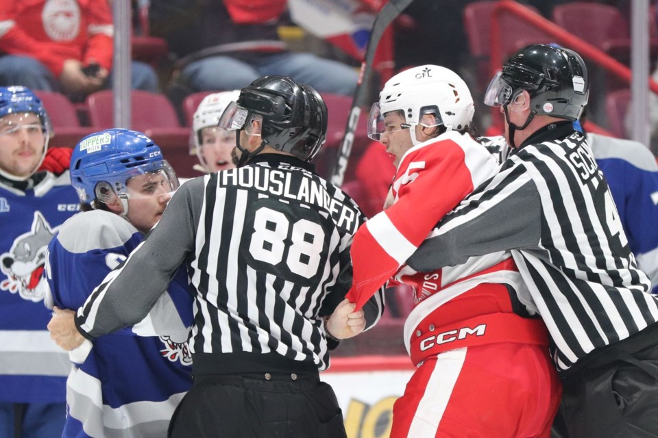 OHL action between the Soo Greyhounds and Sudbury Wolves at the GFL Memorial Gardens on Nov. 15, 2023.