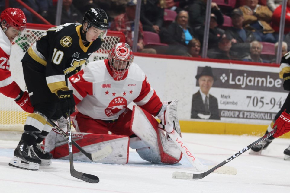 OHL action between the Soo Greyhounds and Kingston Frontenacs at the GFL Memorial Gardens on Dec. 8, 2023.