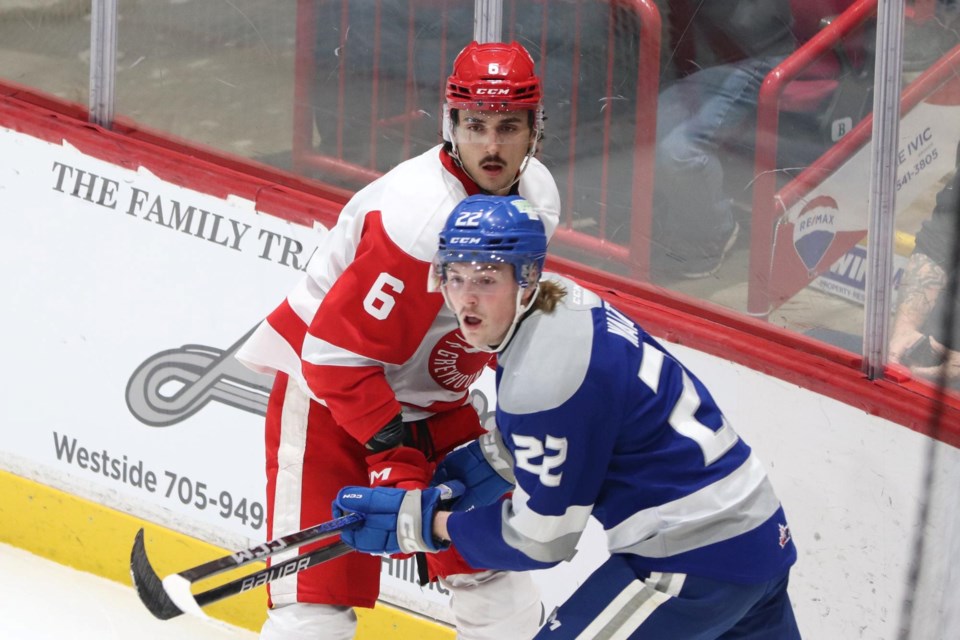 OHL action between the Soo Greyhounds and Sudbury Wolves at the GFL Memorial Gardens on Dec. 30, 2023.