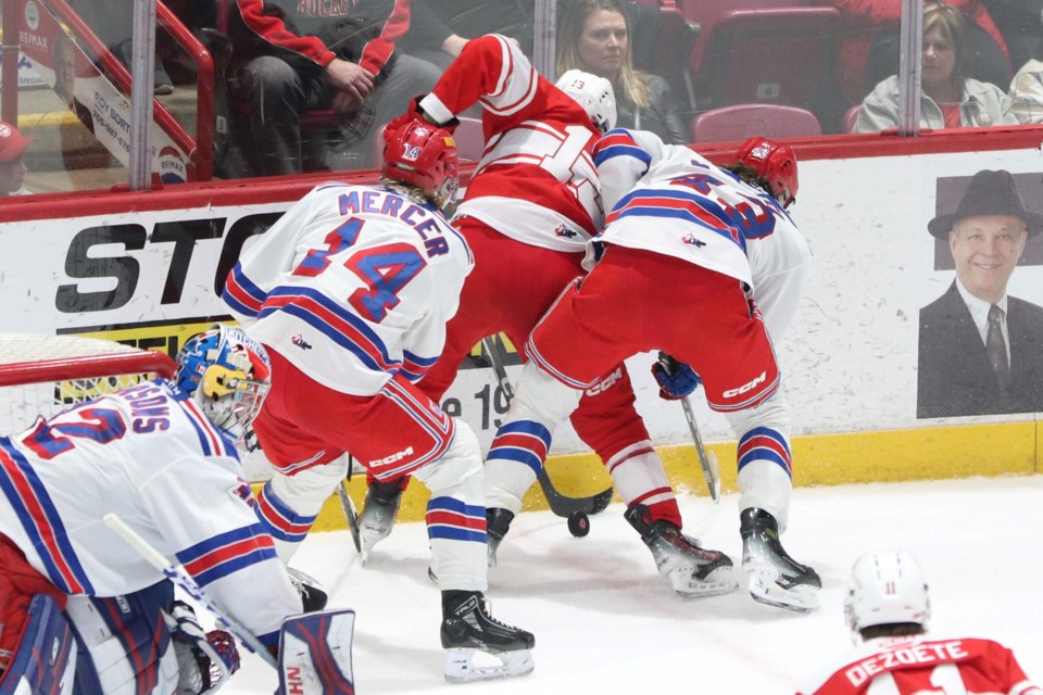 OHL action between the Soo Greyhounds and Kitchener Rangers at the GFL Memorial Gardens on Jan. 26, 2024.