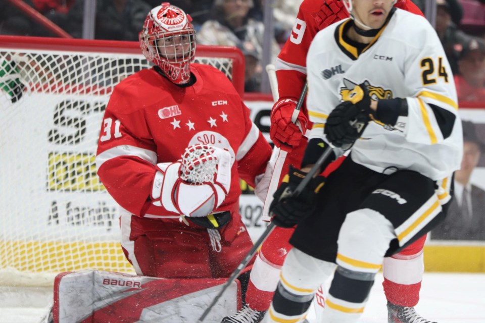 OHL action between the Soo Greyhounds and Sarnia Sting at the GFL Memorial Gardens on Jan. 28, 2024.