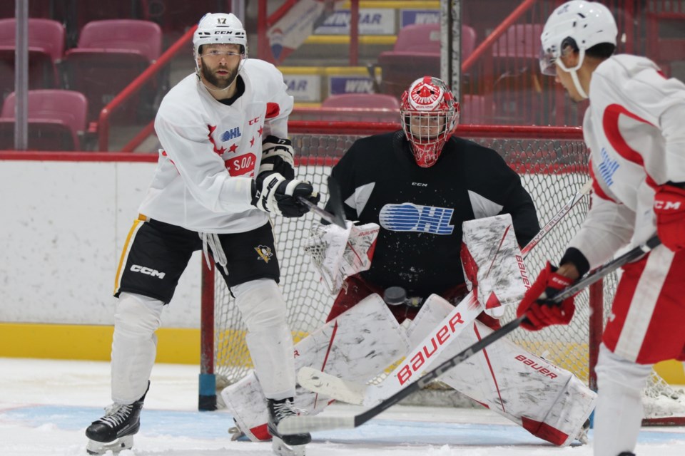 Action during day four of the Soo Greyhounds training camp at the GFL Memorial Gardens on Sept. 1, 2023.