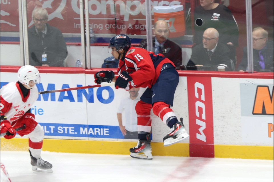 OHL action between the Soo Greyhounds and Windsor Spitfires at the GFL Memorial Gardens on Dec. 29, 2024.