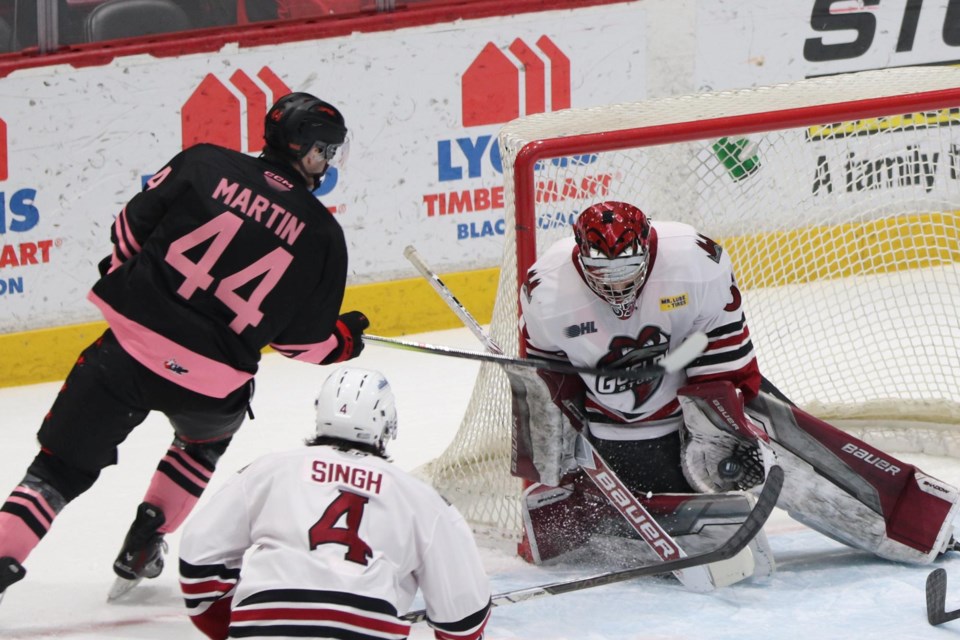 OHL action between the Soo Greyhounds and Guelph Storm at the GFL Memorial Gardens on Feb. 21, 2025.