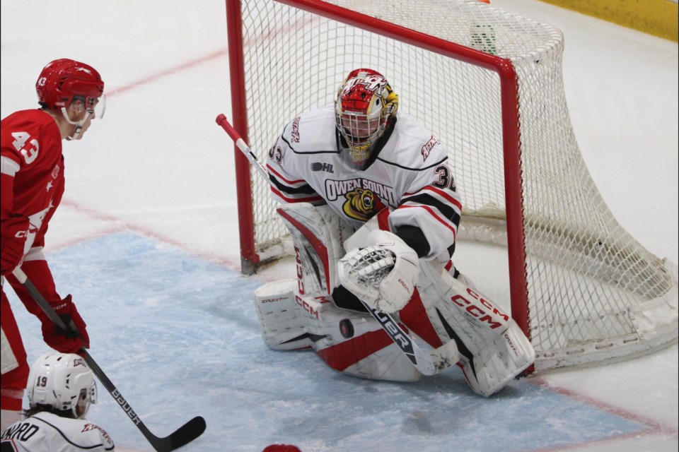 OHL action between the Soo Greyhounds and Owen Sound Attack at the GFL Memorial Gardens on Feb. 23, 2025.