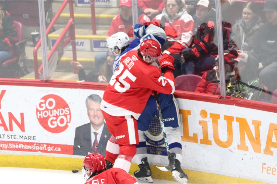 OHL action between the Soo Greyhounds and Sudbury Wolves at the GFL Memorial Gardens on Feb. 26, 2025.