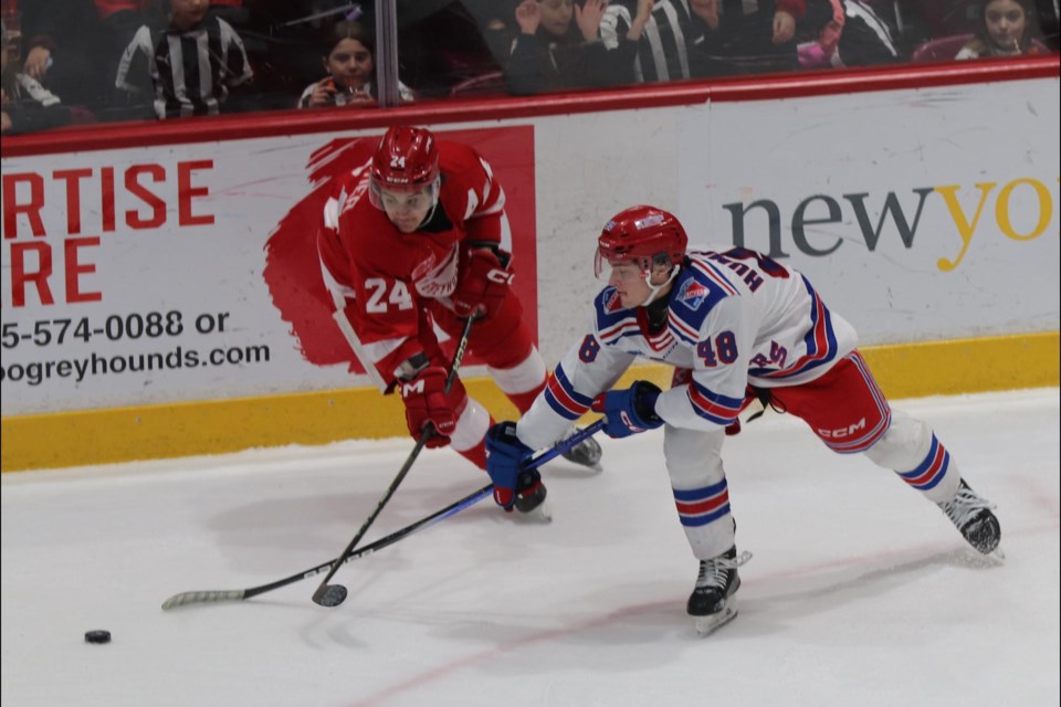 OHL action between the Soo Greyhounds and Kitchener Rangers at the GFL Memorial Gardens on Jan. 29, 2025.