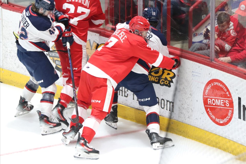 OHL action between the Soo Greyhounds and Saginaw Spirit at the GFL Memorial Gardens on March 21, 2025.