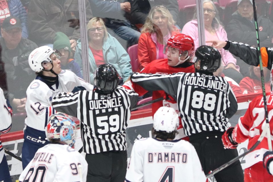 OHL action between the Soo Greyhounds and Oshawa Generals at the GFL Memorial Gardens on March 8, 2025.