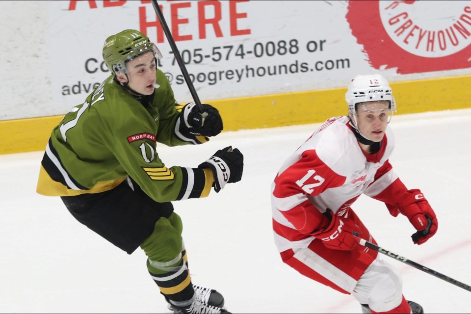 OHL action between the Soo Greyhounds and North Bay Battalion at the GFL Memorial Gardens on Nov. 30, 2024.