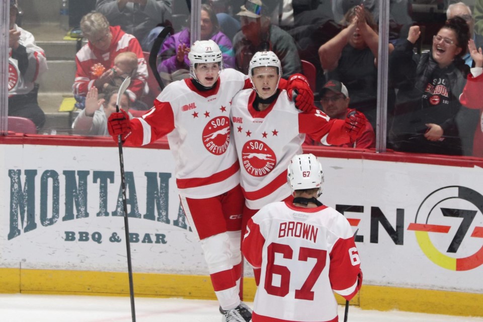 OHL action between the Soo Greyhounds and Kitchener Rangers at the GFL Memorial Gardens on Oct. 11, 2024.