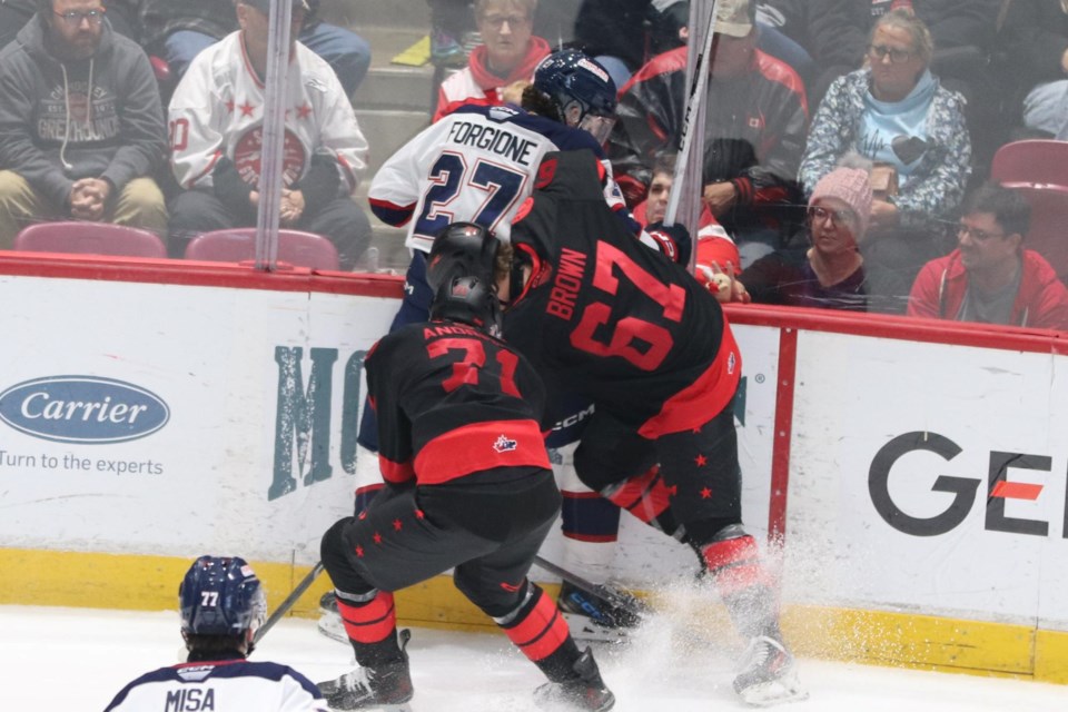 OHL action between the Soo Greyhounds and Saginaw Spirit at the GFL Memorial Gardens on Oct. 23, 2024.