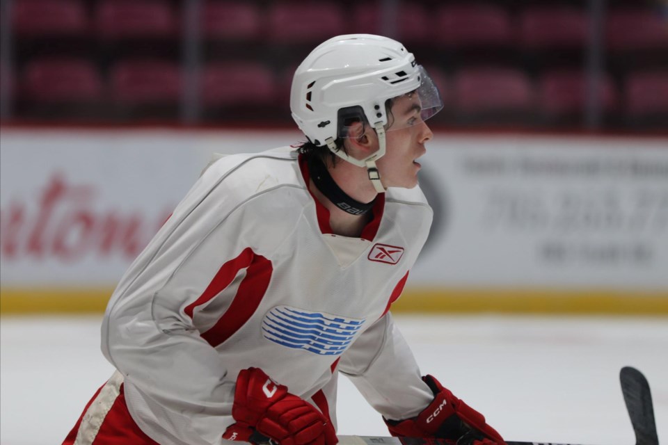 File photo. Soo Greyhounds defenceman Caeden Carlisle in action during the Soo Greyhounds 2024 training camp on Wednesday at the GFL Memorial Gardens.