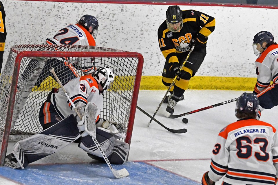 NOJHL playoff action between the Soo Thunderbirds and Soo Eagles at Pullar Stadium on April 23, 2022.